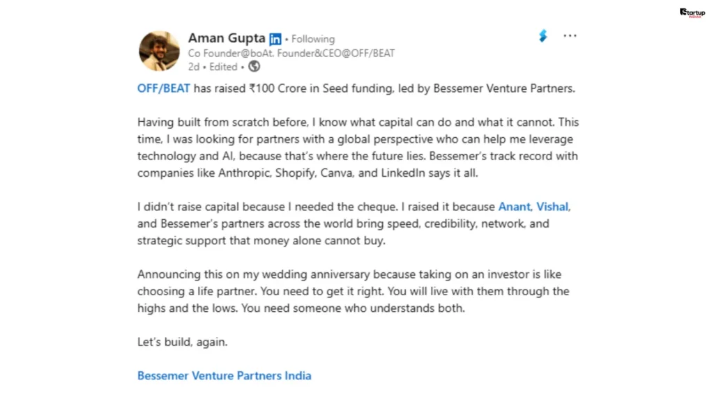 Aman Gupta OffBeat Studios LinkedIn announcement seed funding