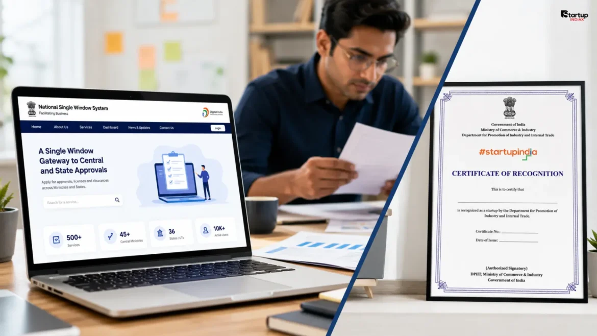 Founder reviewing DPIIT recognition application on the NSWS portal with a Startup India certificate displayed