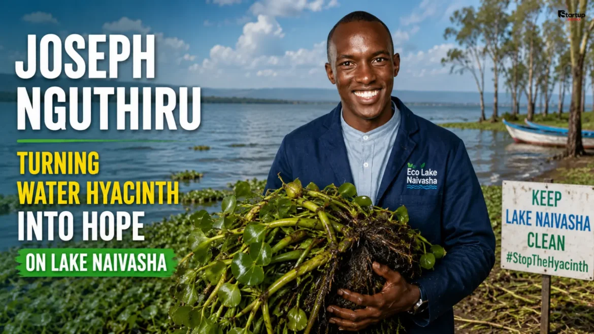 Joseph Nguthiru HyaPak founder holding water hyacinth at Lake Naivasha Kenya