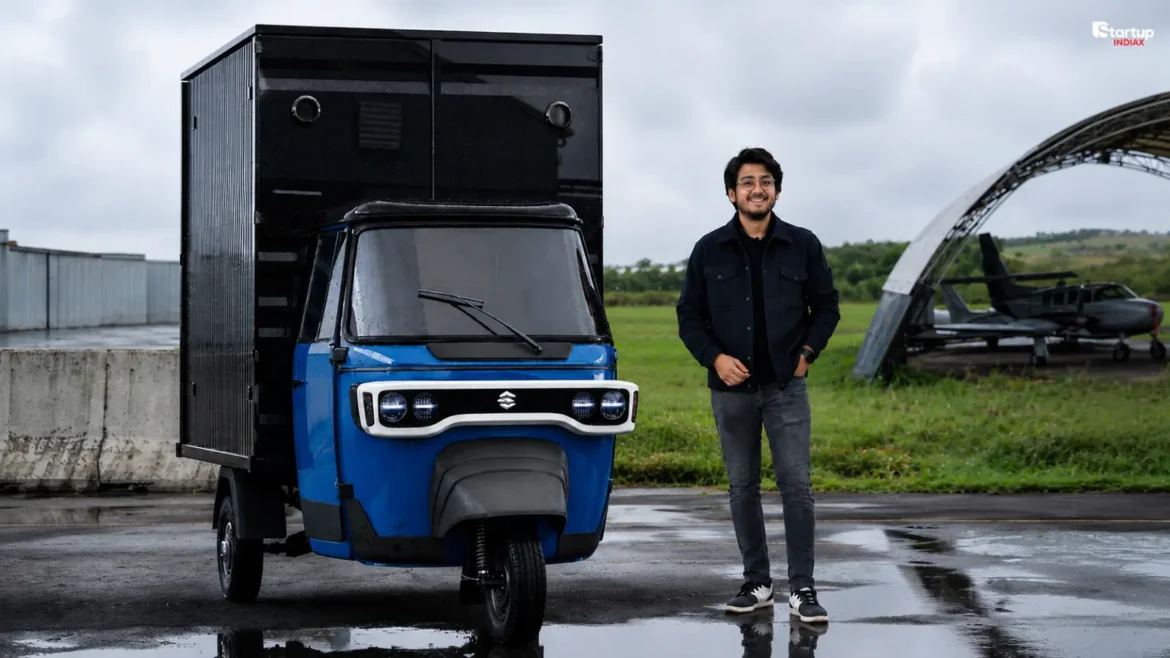 SunCharge Motors founder Sanskar Modi with India's first solar-powered commercial electric three-wheeler in Pune
