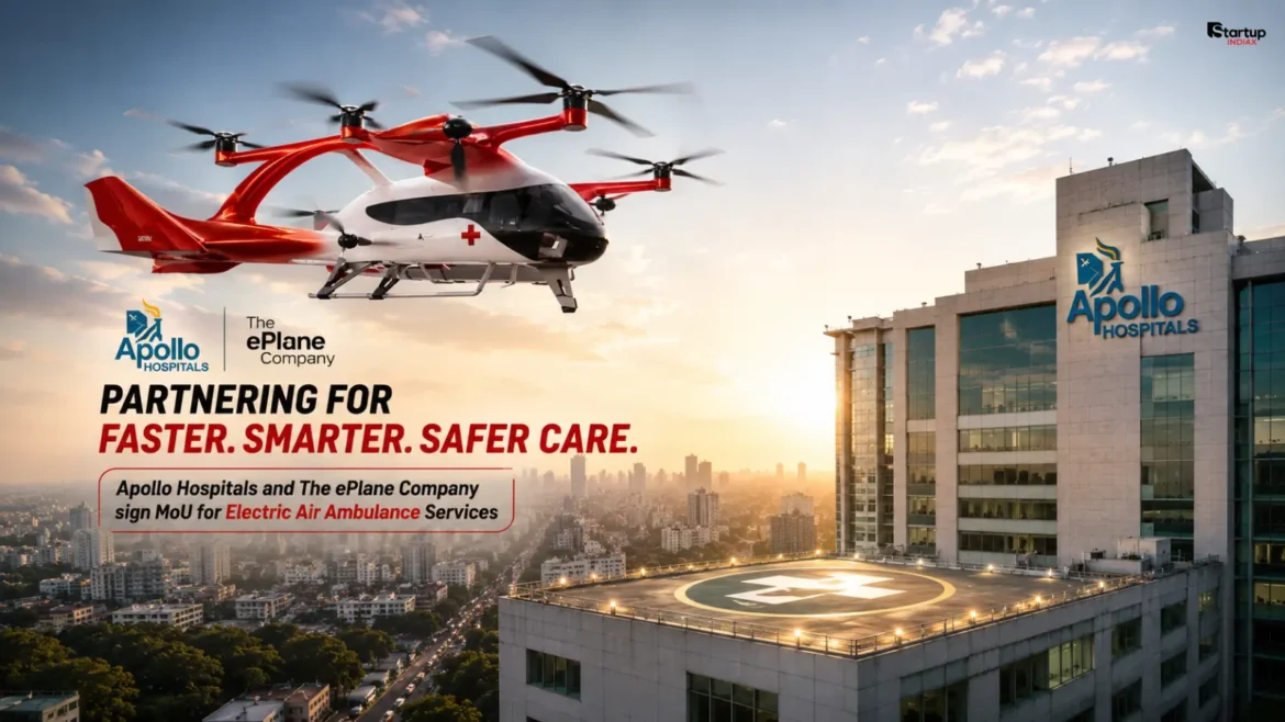 Apollo Hospitals ePlane electric air ambulance eVTOL aircraft over Indian city