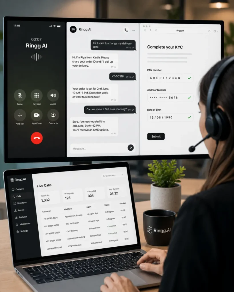 Enterprise voice AI agent handling customer workflows, illustrating Ringg AI's shift into complex enterprise tasks