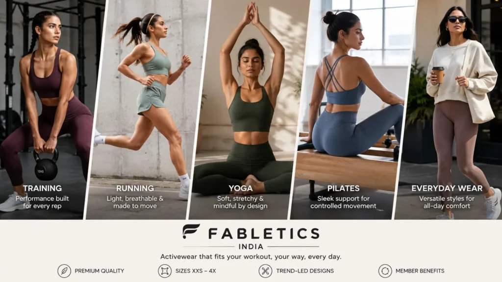 Fabletics India product range spanning training running yoga and everyday activewear