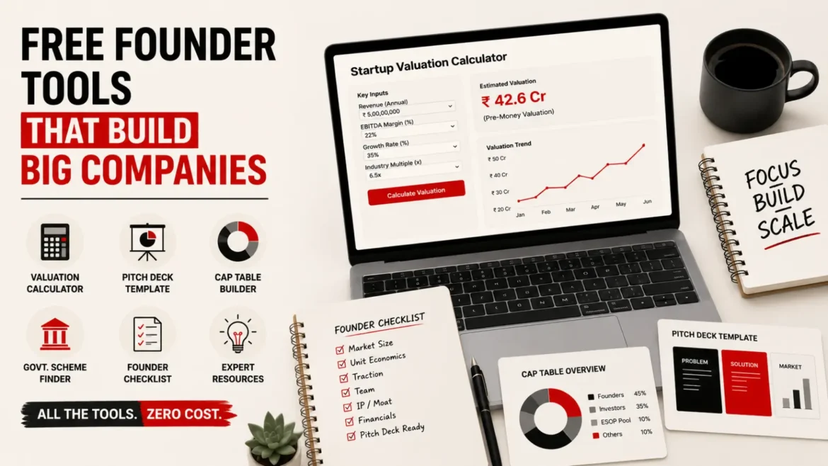 Founder desk with laptop showing a startup valuation dashboard, representing Startup INDIAX free founder toolkit