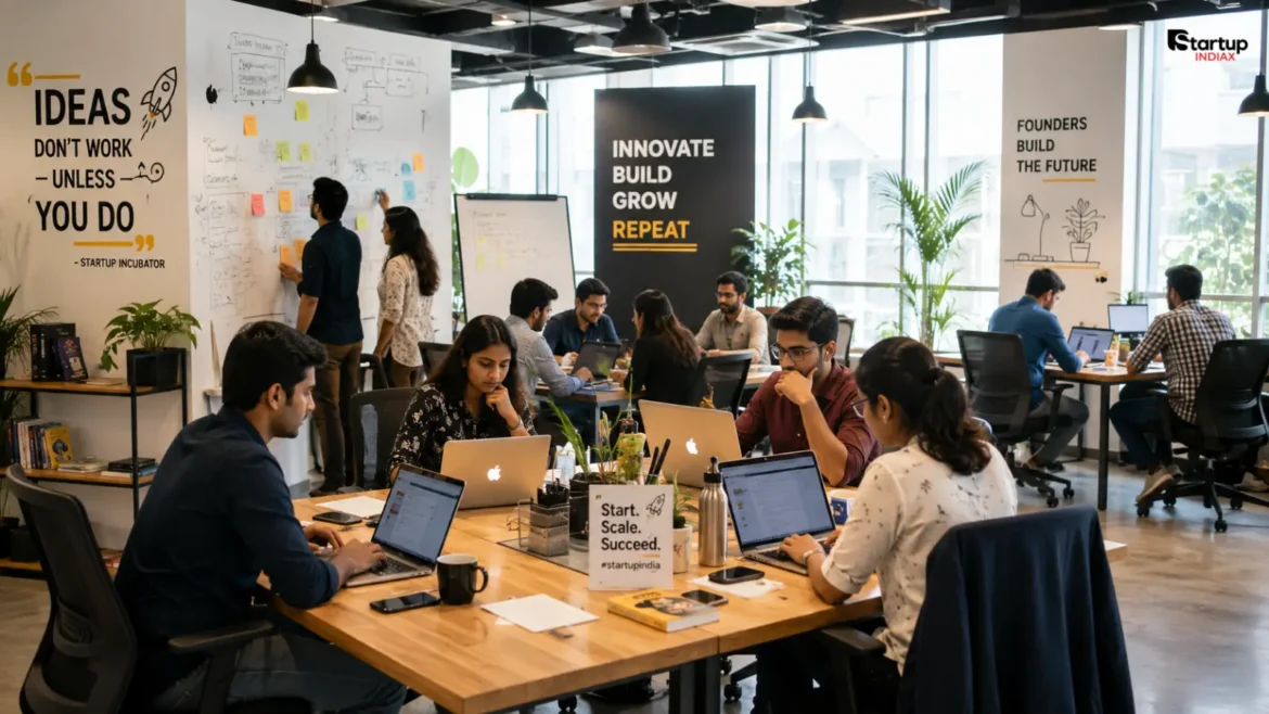 Founders working inside an Indian startup incubators space