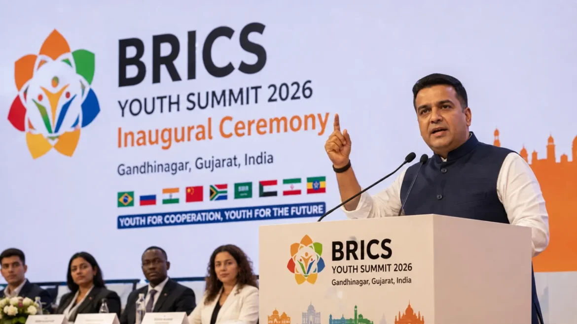 Gujarat Deputy CM Harsh Sanghavi speaks at BRICS Youth Summit 2026 in Gandhinagar on Innovation Fund for Entrepreneurs