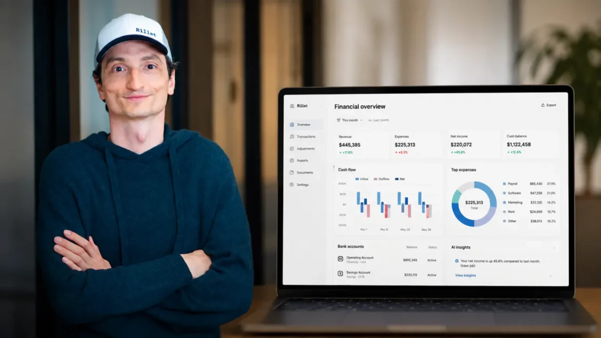 Nicolas Kopp, founder and CEO of Rillet, alongside an AI-powered accounting dashboard
