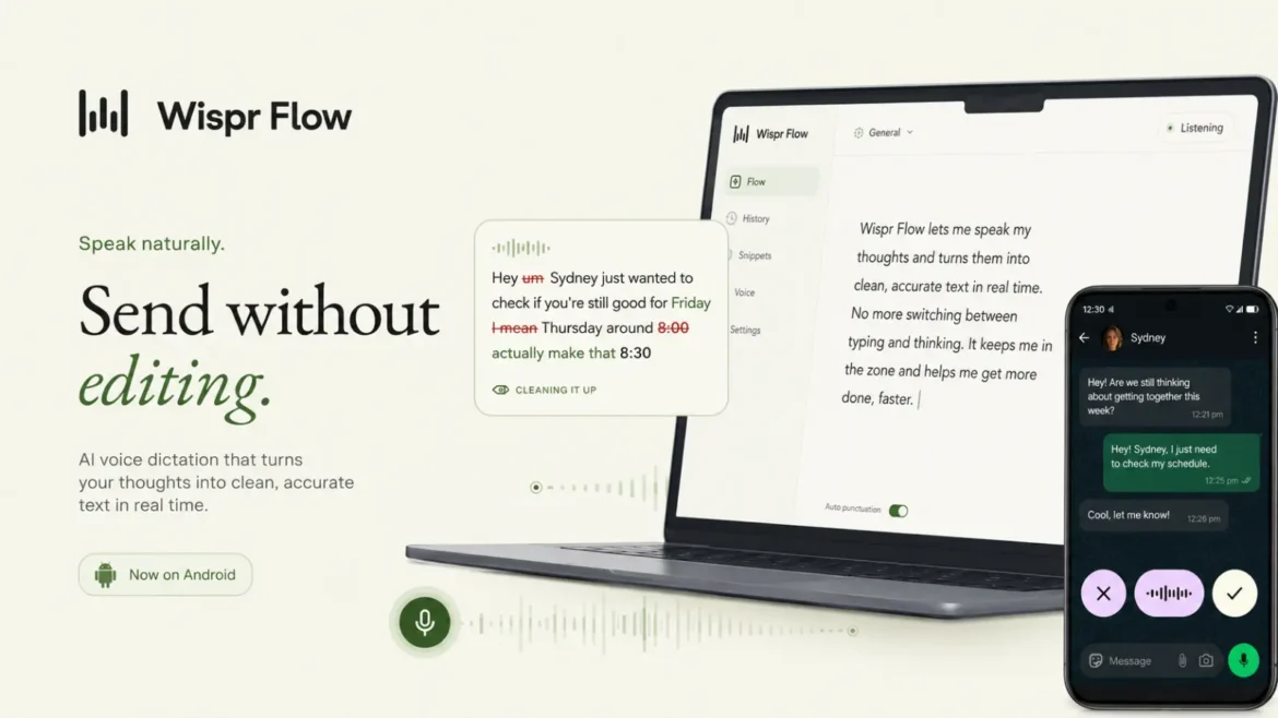 Person dictating text into a laptop using Wispr Flow voice AI software