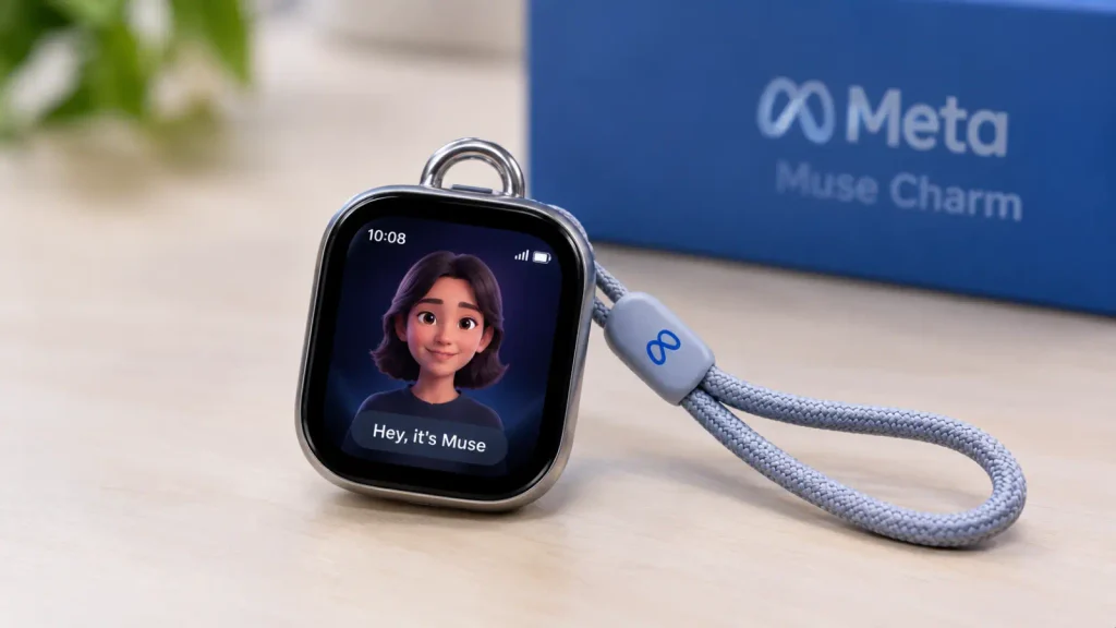 Close-up of the Meta Muse Charm touchscreen and wrist cord