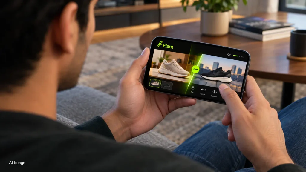 Flam AI Startup Person watching an interactive AI video switch scenes on a smartphone screen