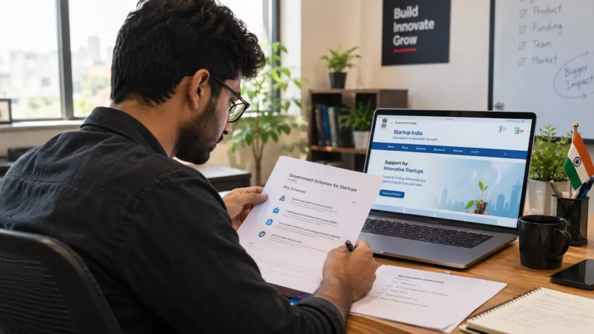 Indian startup founder reviewing government grant scheme documents at a desk