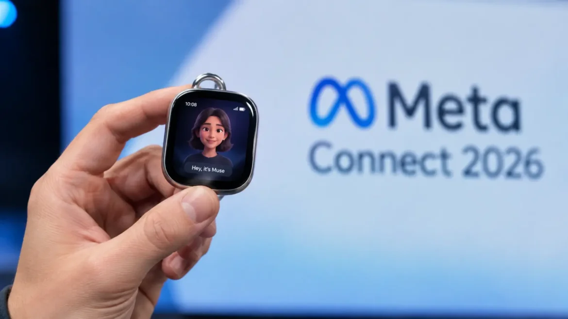 Meta Muse Charm, a keychain-sized AI device, showing the Muse avatar on its touchscreen