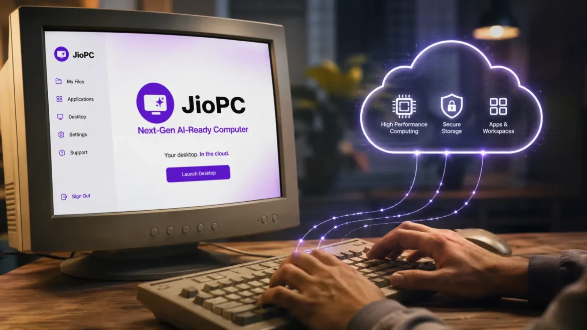 Person using an old computer connected to JioPC cloud service