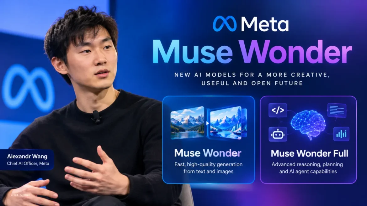 Alexandr Wang and Meta's Muse Wonder launch graphic announcing the Muse Wonder and Muse Wonder Full AI models