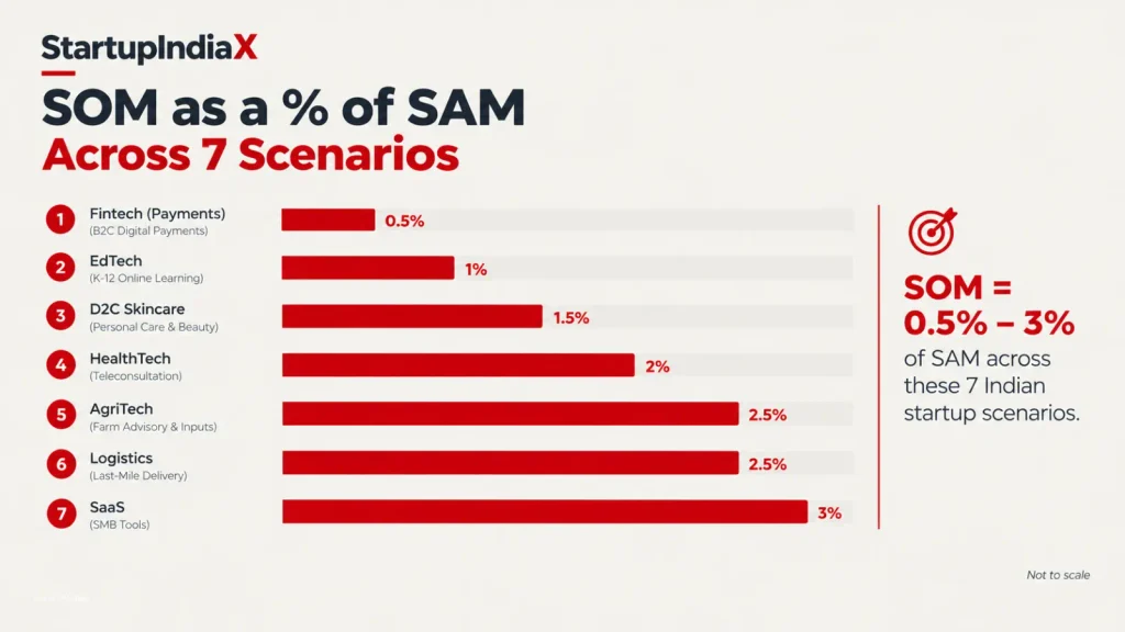 Bar chart of SOM as a share of SAM across seven Indian startup scenarios, ranging from 0.5 percent to 3 percent