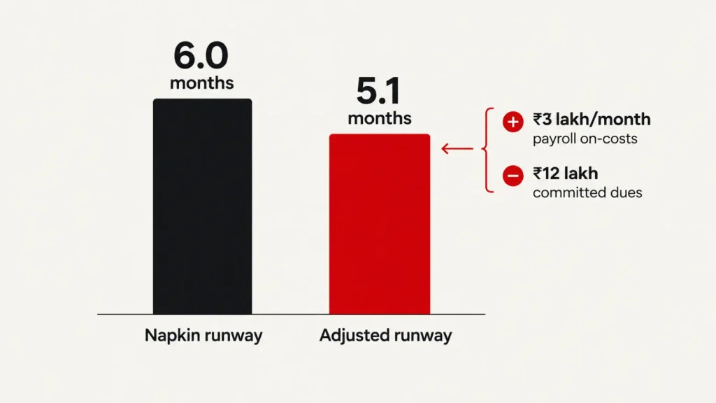 Bar chart showing an example startup's runway falling from 6.0 months to 5.1 months after payroll costs and dues