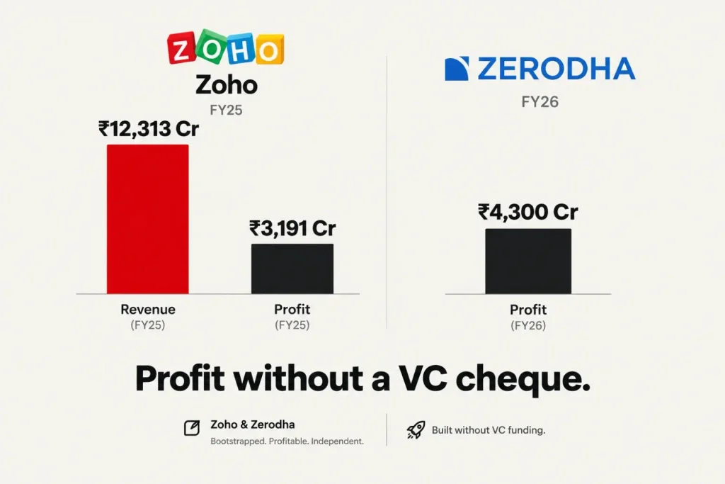 Bar graphic comparing Zoho FY25 revenue and profit with Zerodha FY26 profit, both built without VC funding