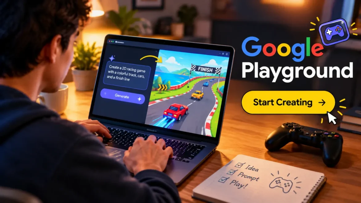 Creator building a game on a laptop using text prompts, illustrating Google Playground’s no-code game maker