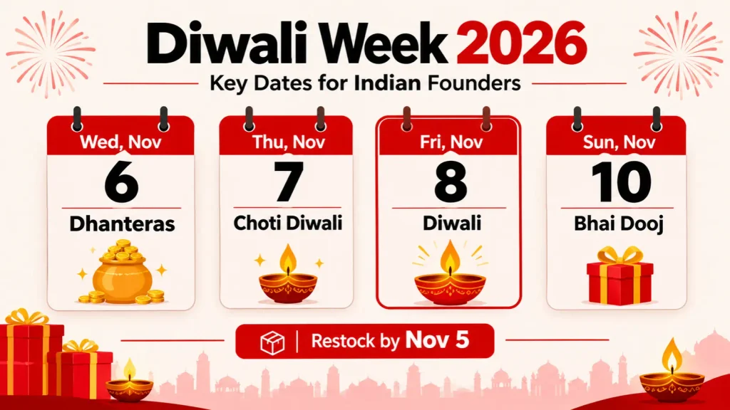 Diwali 2026 calendar showing Dhanteras on November 6 and Diwali on November 8 for Indian D2C founders