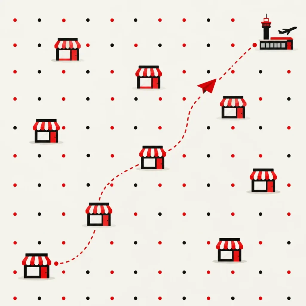 Flat vector illustration of a grid of dots with small shop icons and a dotted paper-plane route linking them