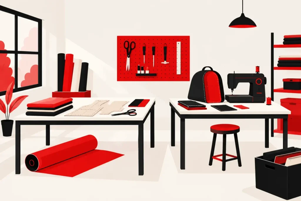 Flat vector illustration of a workshop with two tables, fabric rolls, paper bag patterns and a sewing machine