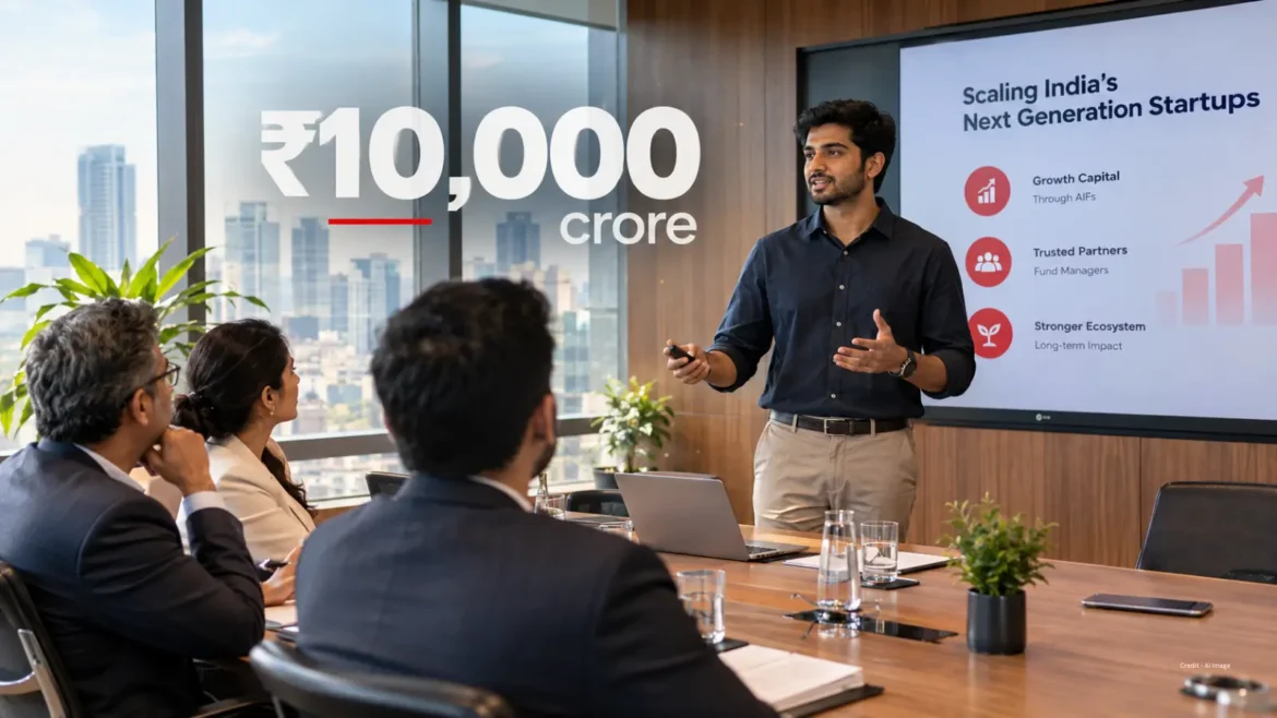 Founder pitching to investors, illustrating how Startup India Fund of Funds 2.0 reaches startups through AIFs