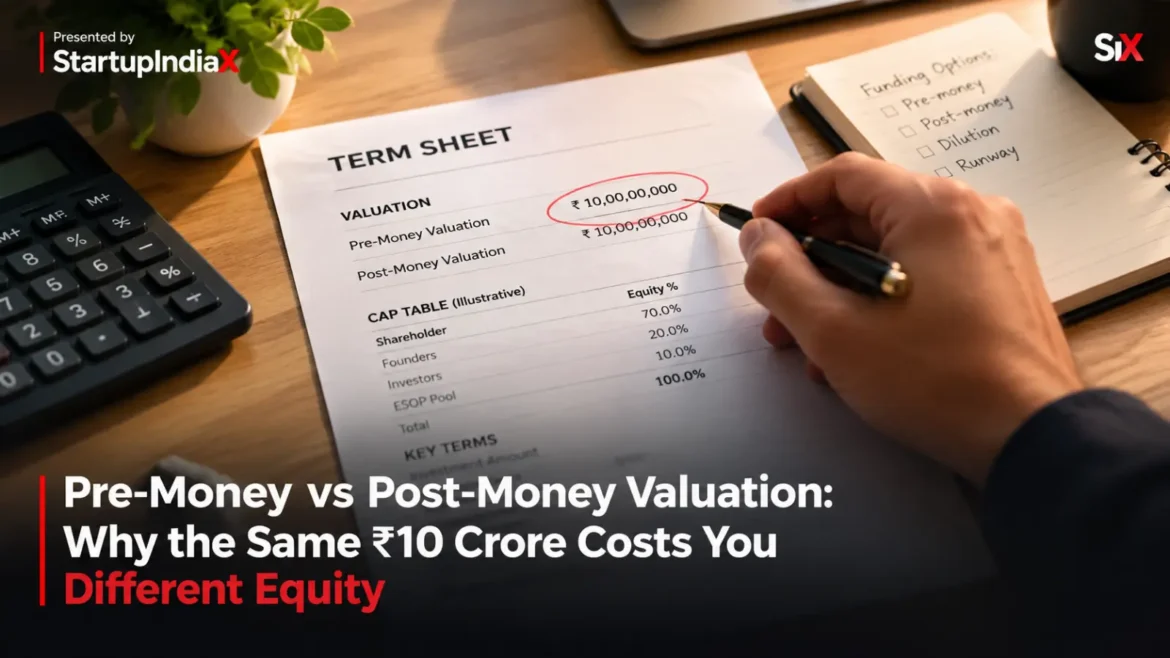 Founder reviewing a term sheet to compare pre-money vs post-money valuation