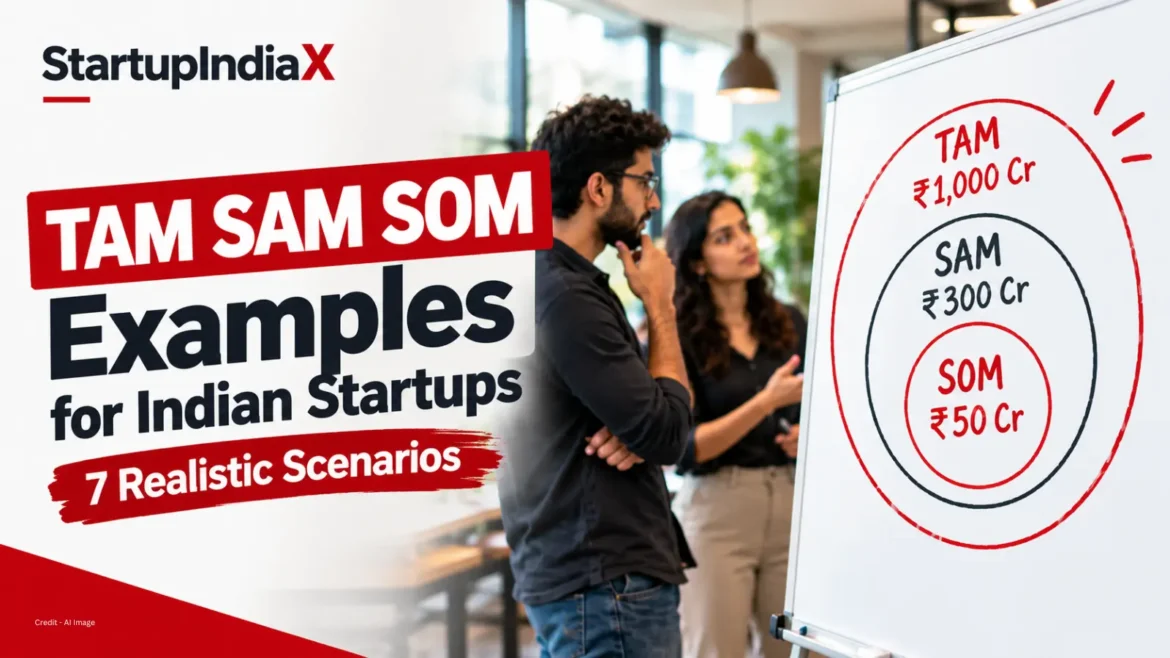 Founders sizing their market on a whiteboard with three concentric circles showing TAM SAM SOM in rupees