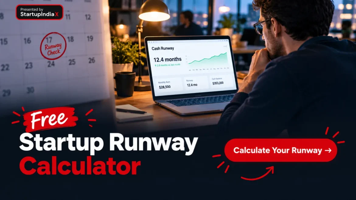 Free Startup Runway Calculator, Startup founder checking cash runway numbers on a laptop at a co-working desk