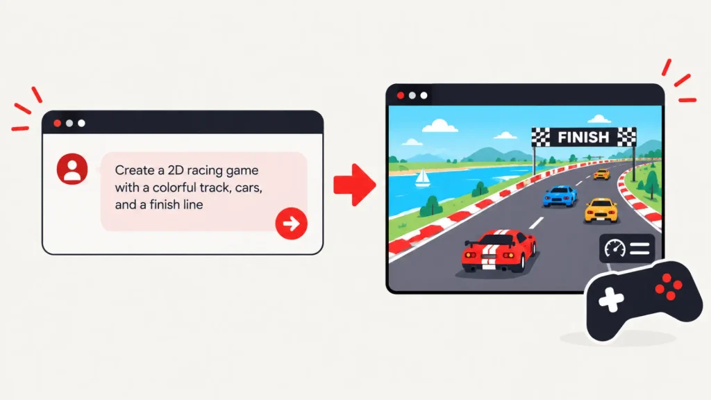 Google Playground, Illustration showing a text prompt turning into a playable 2D racing game in a browser