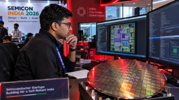 Indian chip design engineer reviewing a semiconductor layout, representing semiconductor startups India is trying to scale under Semicon 2.0