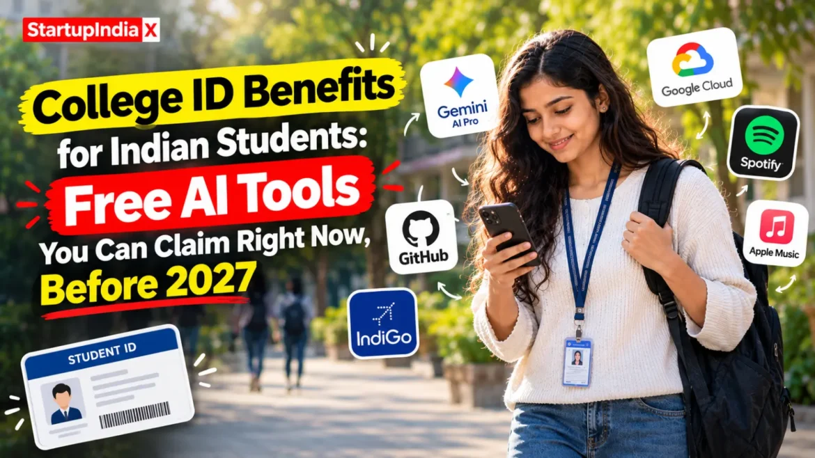 Indian college student with an ID lanyard checking free student offers on a smartphone on campus (College ID card)