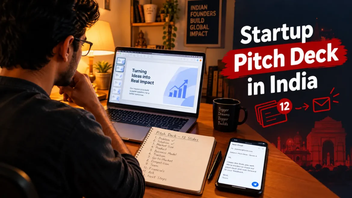 Indian founder building a startup pitch deck on a laptop with slide notes beside it