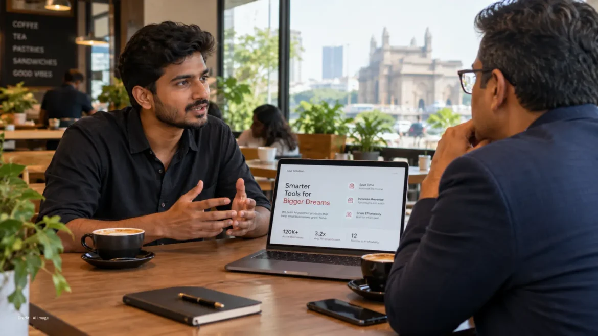 Indian founder pitching a pre-seed funding round to an investor across a café table