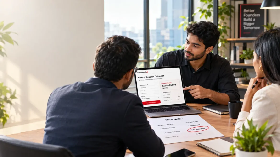 Indian startup founder reviewing a Startup valuation term sheet with two investors