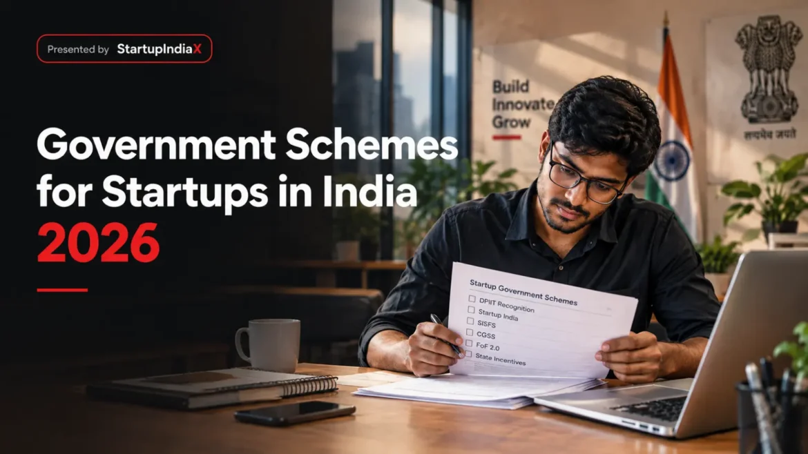 Indian startup founder reviewing a checklist of government schemes at an incubator desk, Government Schemes for Startups