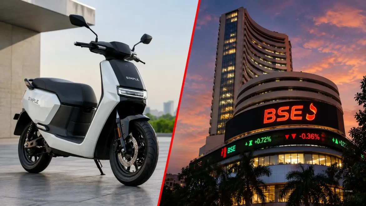 Simple Energy electric scooter beside the BSE building, representing the weeks EV funding round and IPO news in Indian startups (Indian Startup News)