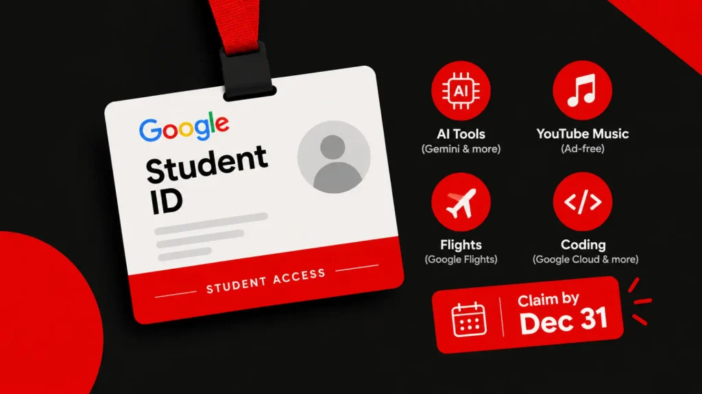 Student ID card graphic with icons for AI tools, music, flights and coding, tagged with the December 31 deadline