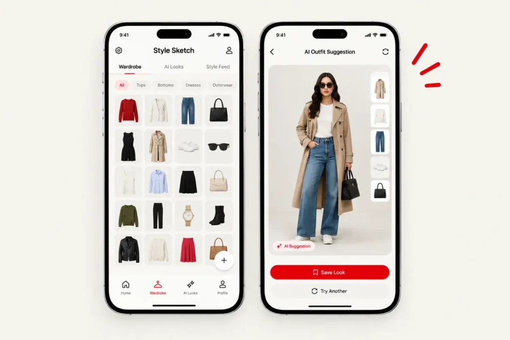 Style Sketch wardrobe screen with an AI-suggested outfit on a virtual model