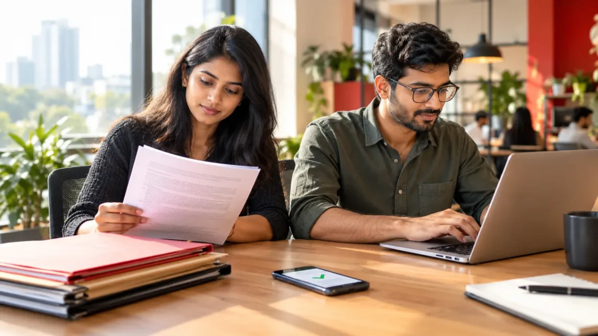 Two Indian startup founders reviewing DPIIT recognition requirements for the Startup India certificate at a co-working desk