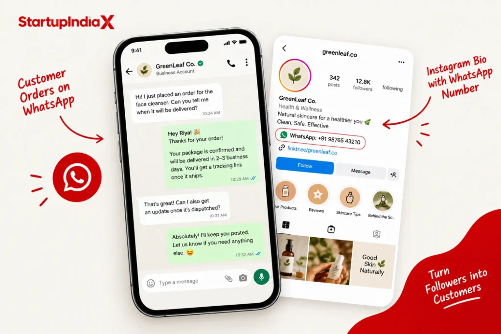 WhatsApp Business chat between an Indian founder and an early customer with an Instagram bio link