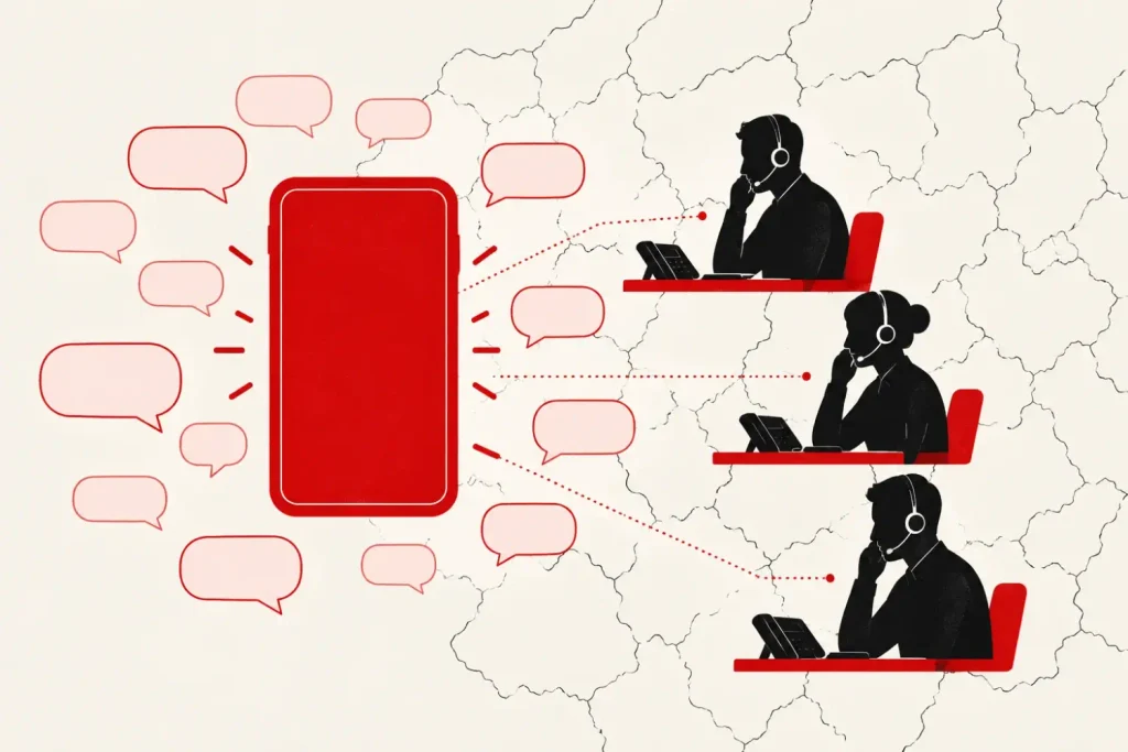 Illustration of silhouetted figures making phone calls around a large blank advertisement card, with blank speech bubbles spreading across a map-like grid