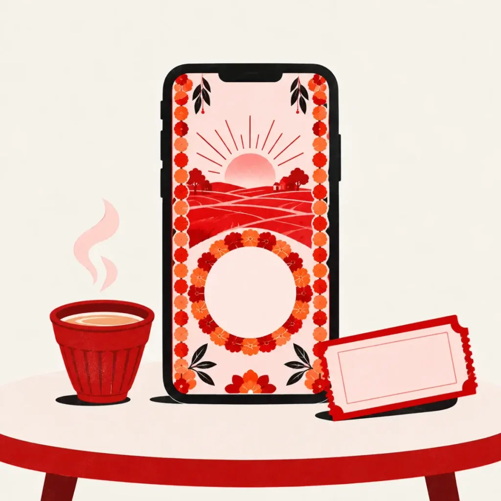 Illustration of a phone showing a sunrise greeting card with a blank photo frame, a marigold border and a tea cup on a simple table