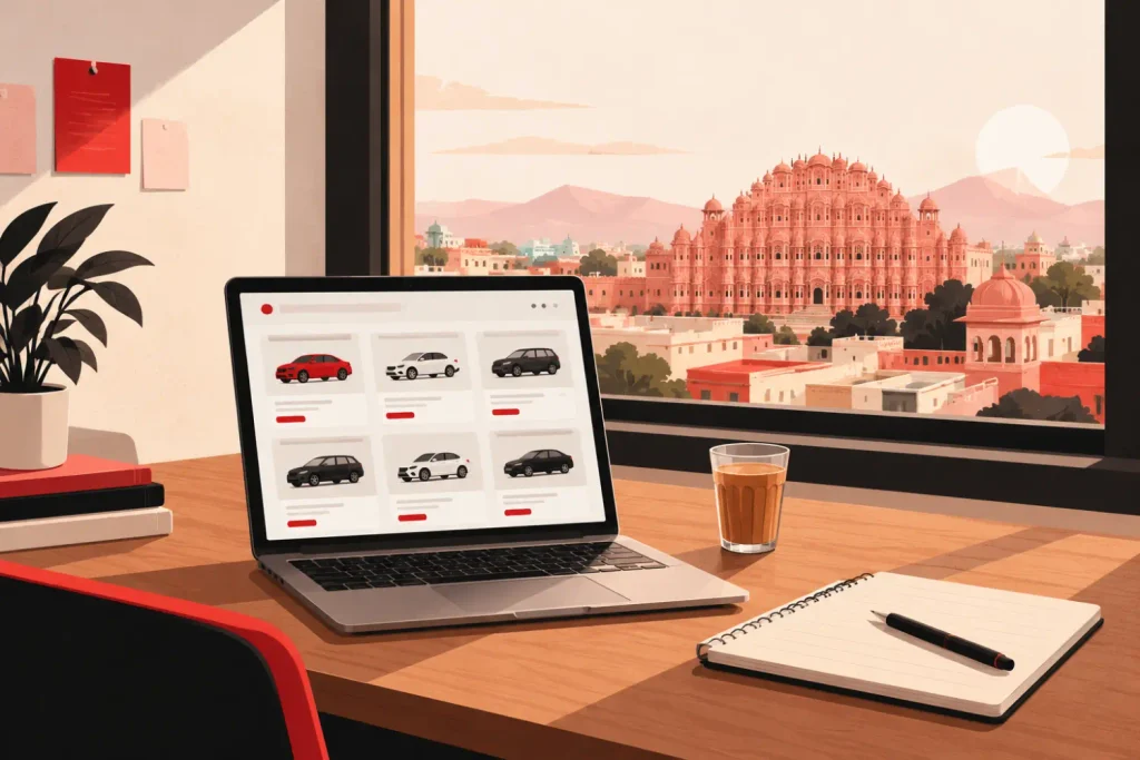 Illustration of a startup desk with a laptop, notebook and a window view of Jaipur rooftops. CarDekho Founder Story