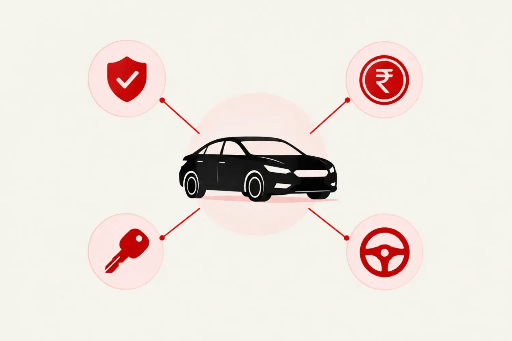 Illustration of a car connected to icons for insurance, financing, rentals and fleet services