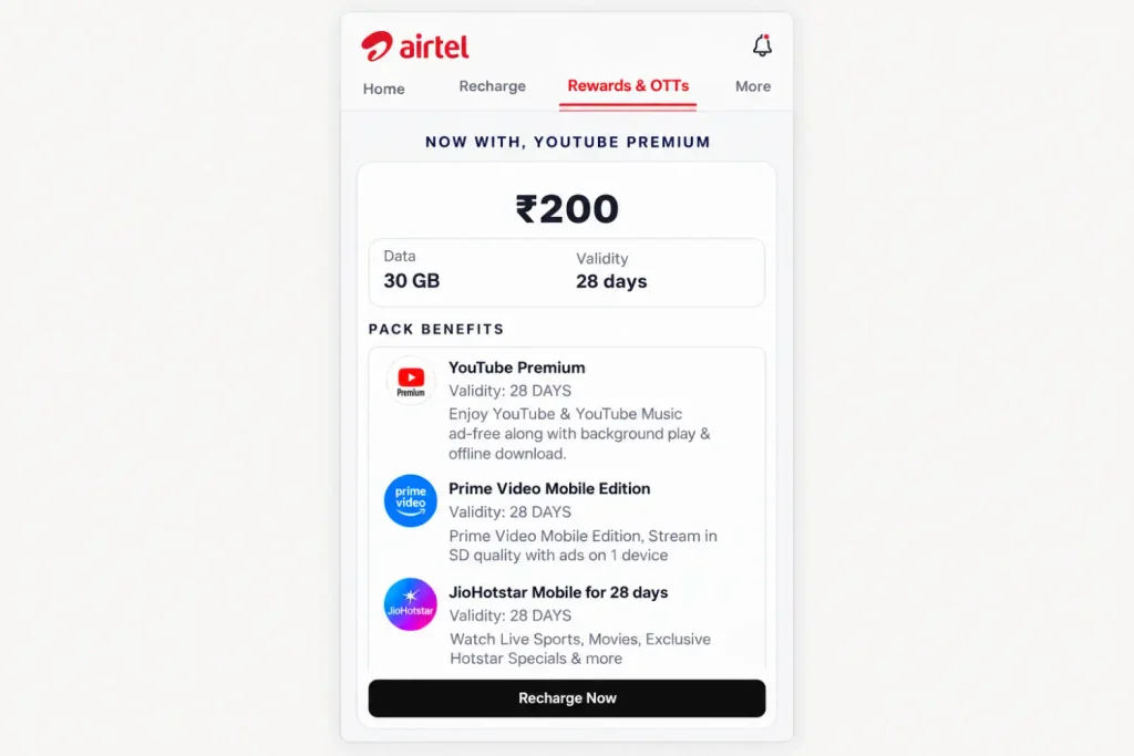 Airtel Thanks app screen showing the YouTube Premium claim option after the Rs 200 top-up