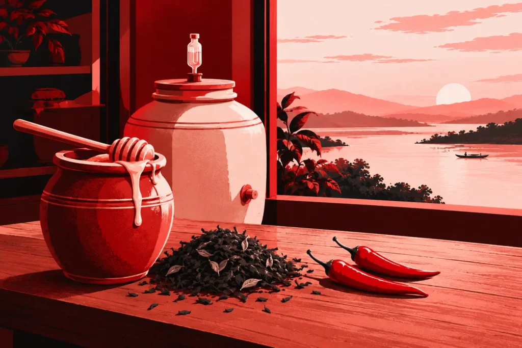 Illustration of a wooden table with a clay honey jar, dried tea leaves, two red chillies and a fermentation vessel beside a river window.