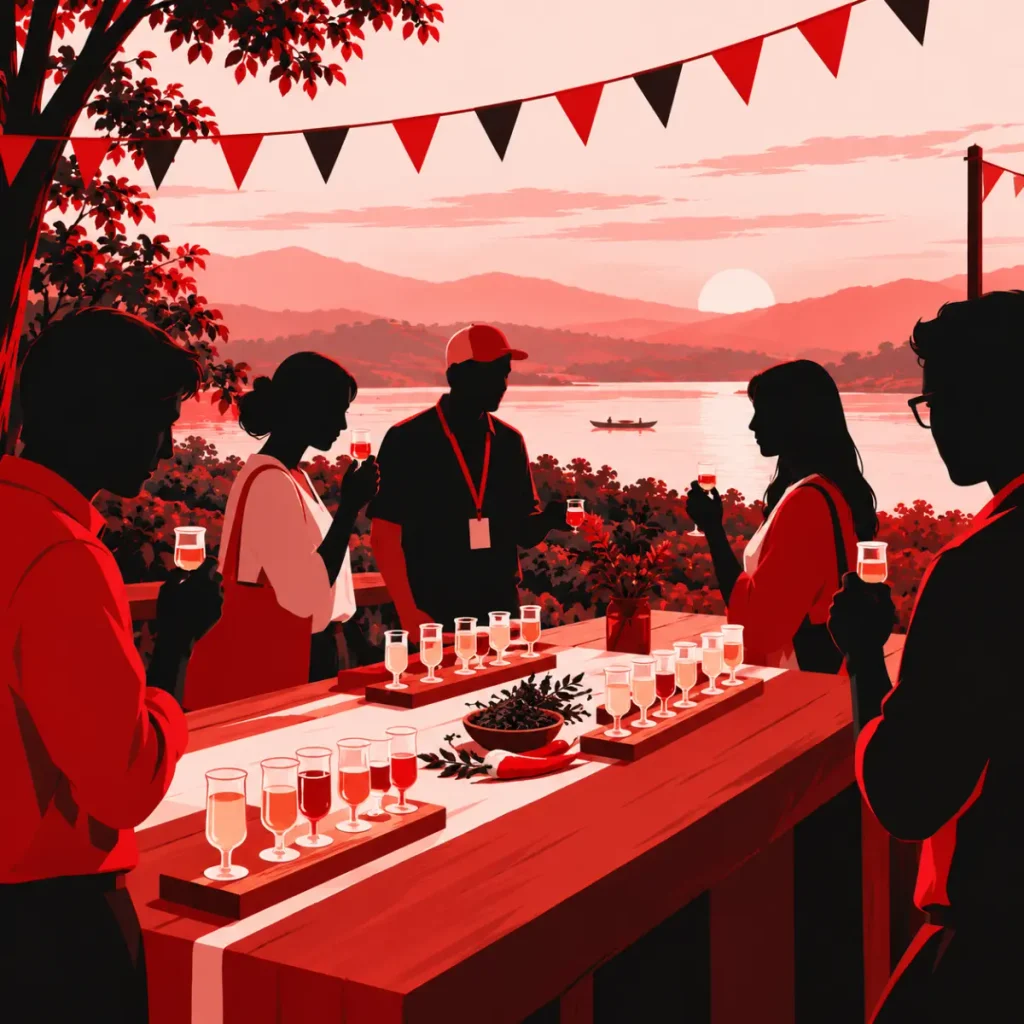Illustration generated with AI of faceless silhouettes at a tasting table with small glasses, honey-coloured drink, a tea leaf and a red chilli.