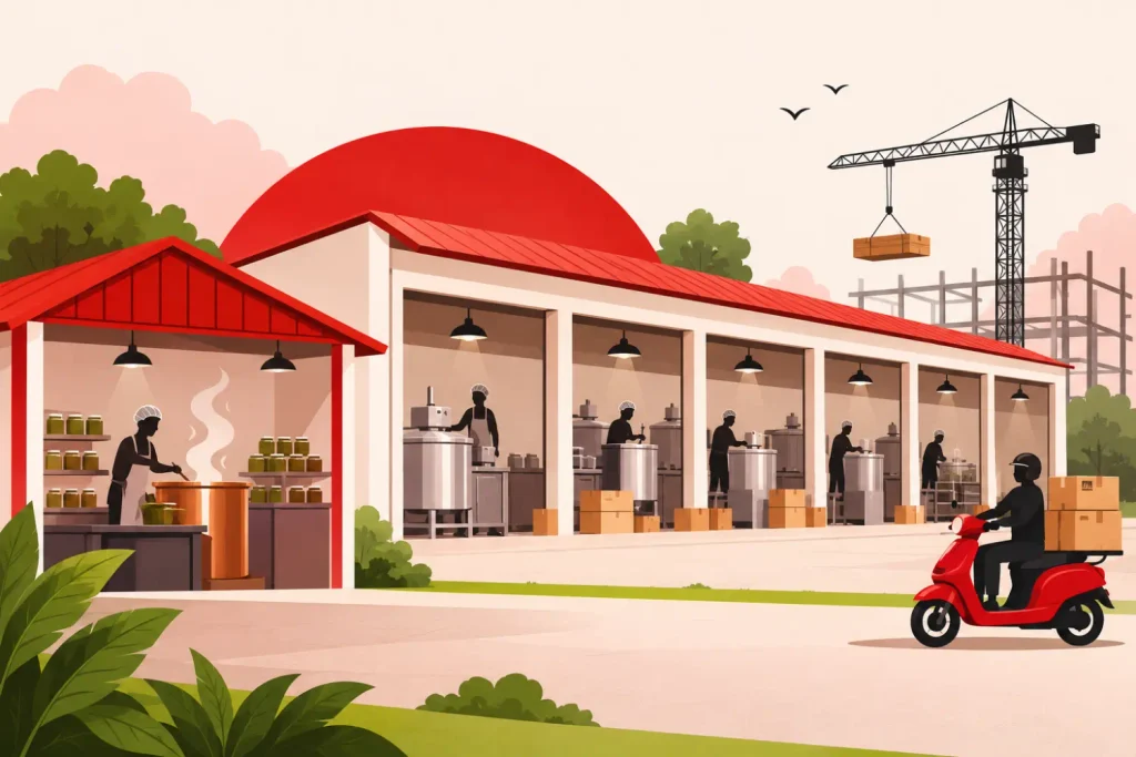 Illustration of a small workshop growing into five production bays beside an empty plot and a delivery scooter