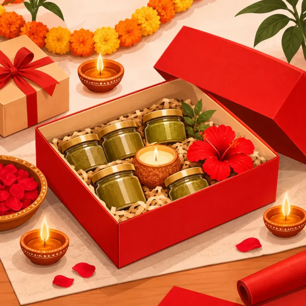 Illustration of an open festive gift box with plain jars, a candle, diyas and a marigold garland